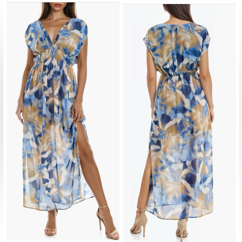 NWT socialite Flowy maxi dress chiffon overlay blue tan empirewaist deep plunge